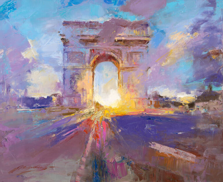 My Love Letter to Paris 002 by Sergei Moskalev: the Arc de Triomphe in cool morning tones with gold leaf