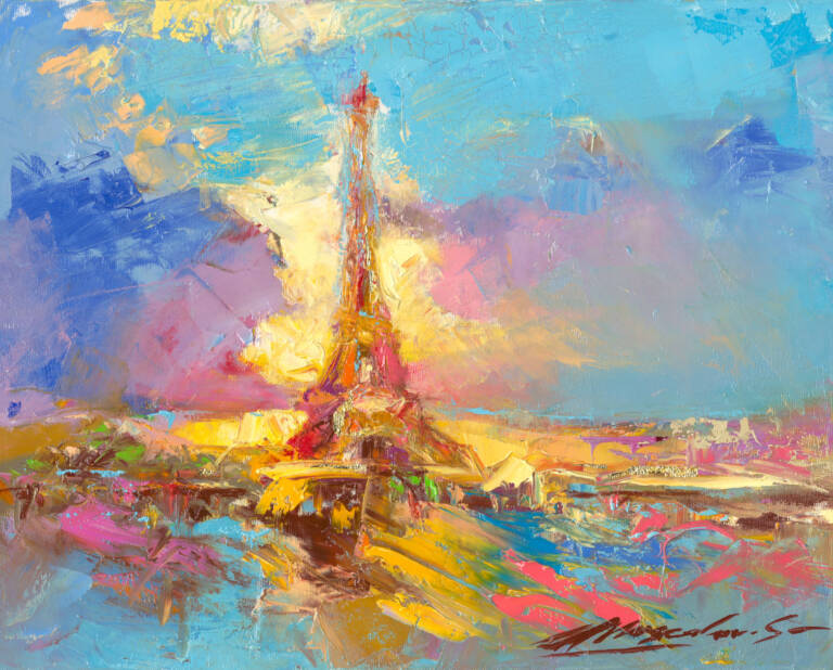 My Love Letter to Paris 007 by Sergei Moskalev: the Eiffel Tower under a blue, purple and pink sky