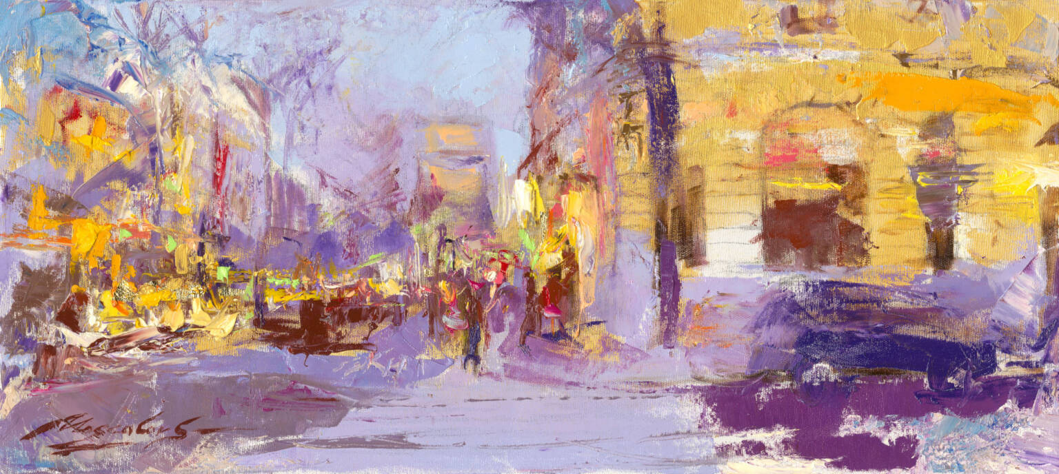 My Love Letter to Paris 009 by Sergei Moskalev: a snowy Paris street in purple and gold, oil and gold leaf on canvas, 32×70 cm